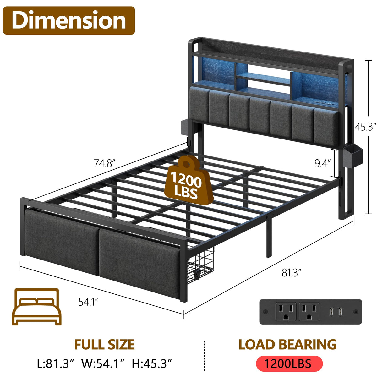 Full Size Bed Frame with Headboard and Drawers V23241
