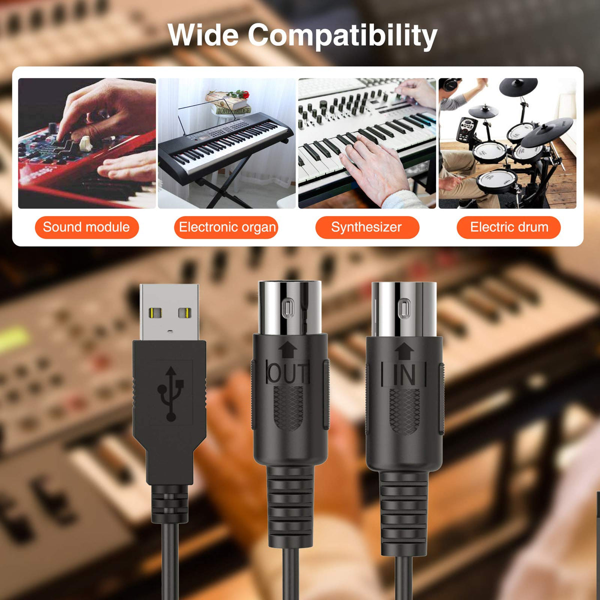 USB MIDI Cable 6.5Ft with Input & Output Q288