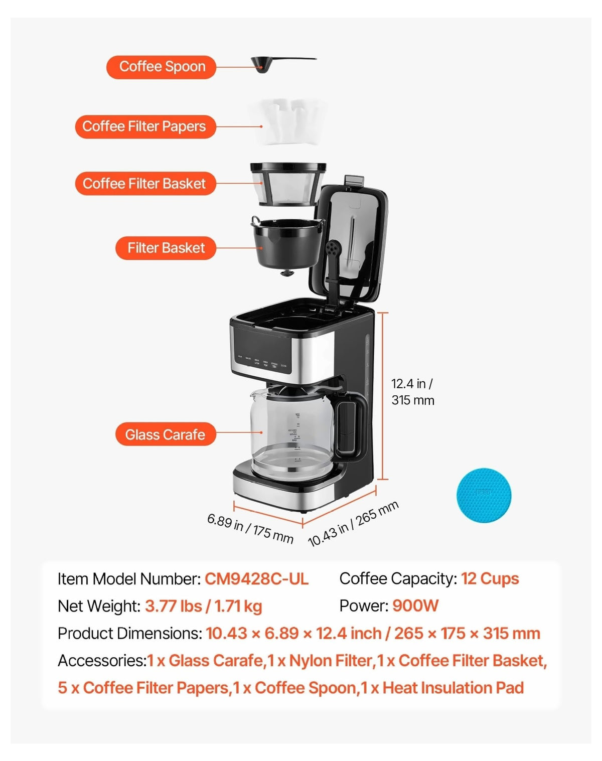 12 Cup Programmable Drip Coffee Maker with Touch Screen S7381