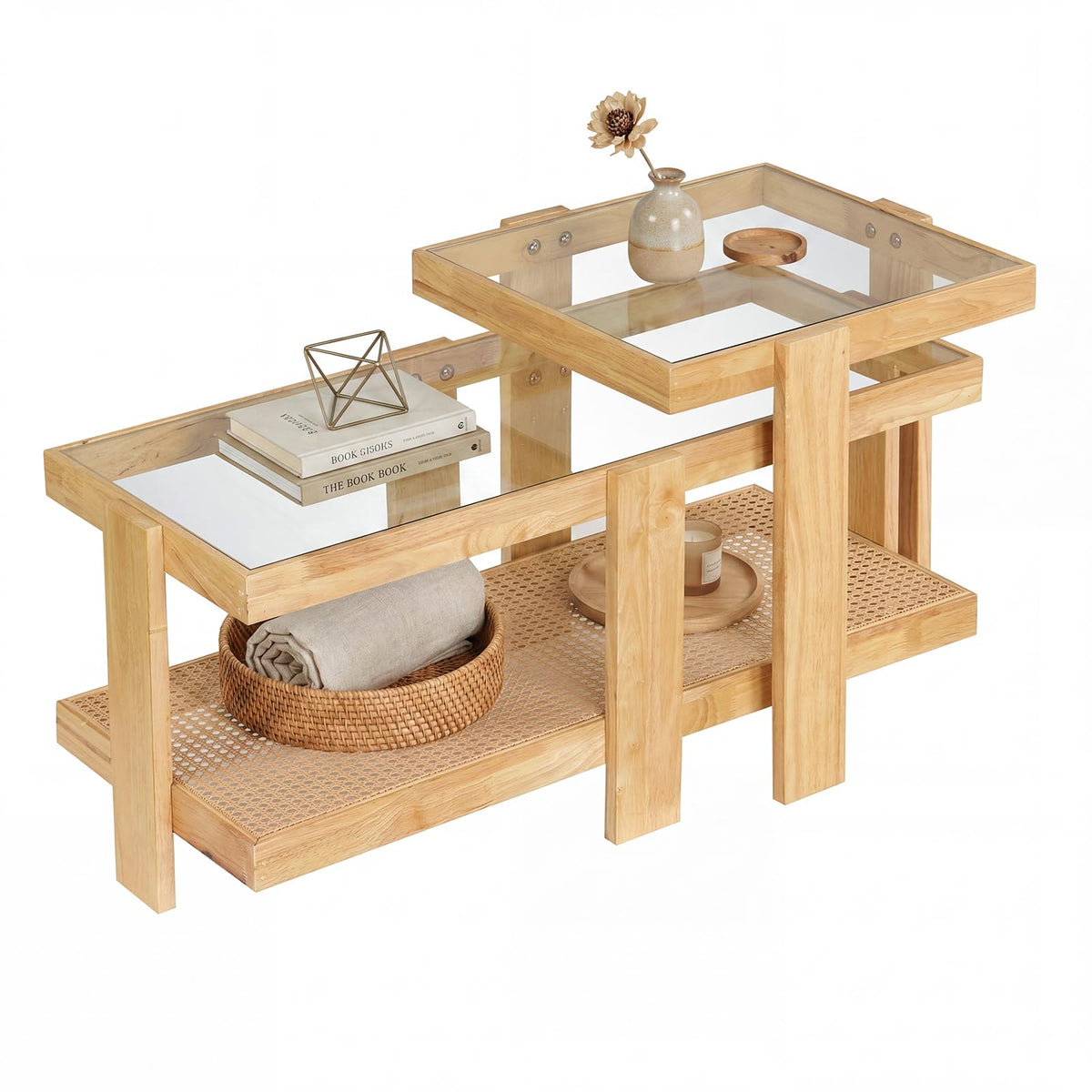 Nesting Coffee Table Set of 2 Rattan Tempered Glass R922