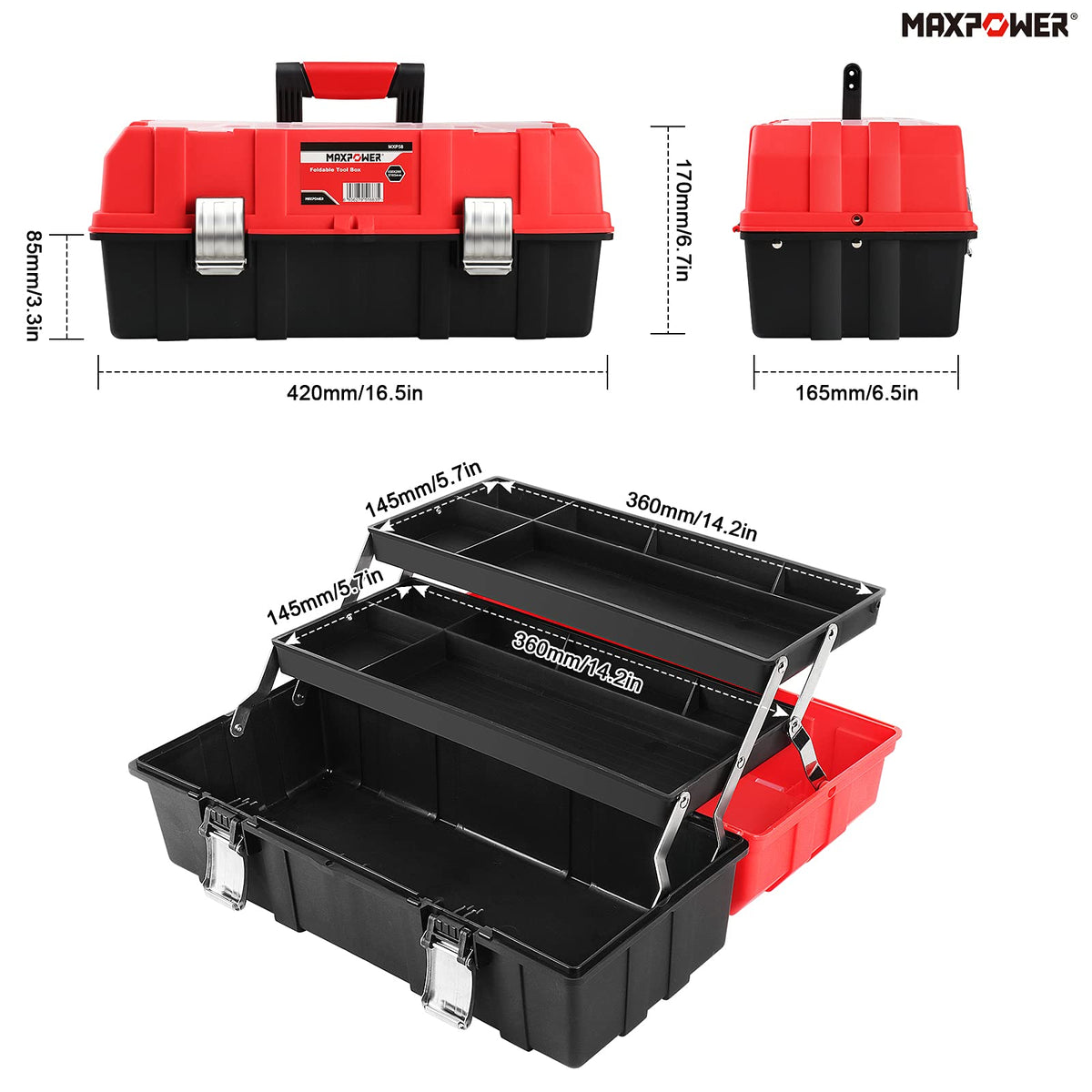 16-Inch Three-Layer Folding Plastic Tool Box with Tray and Dividers W46258