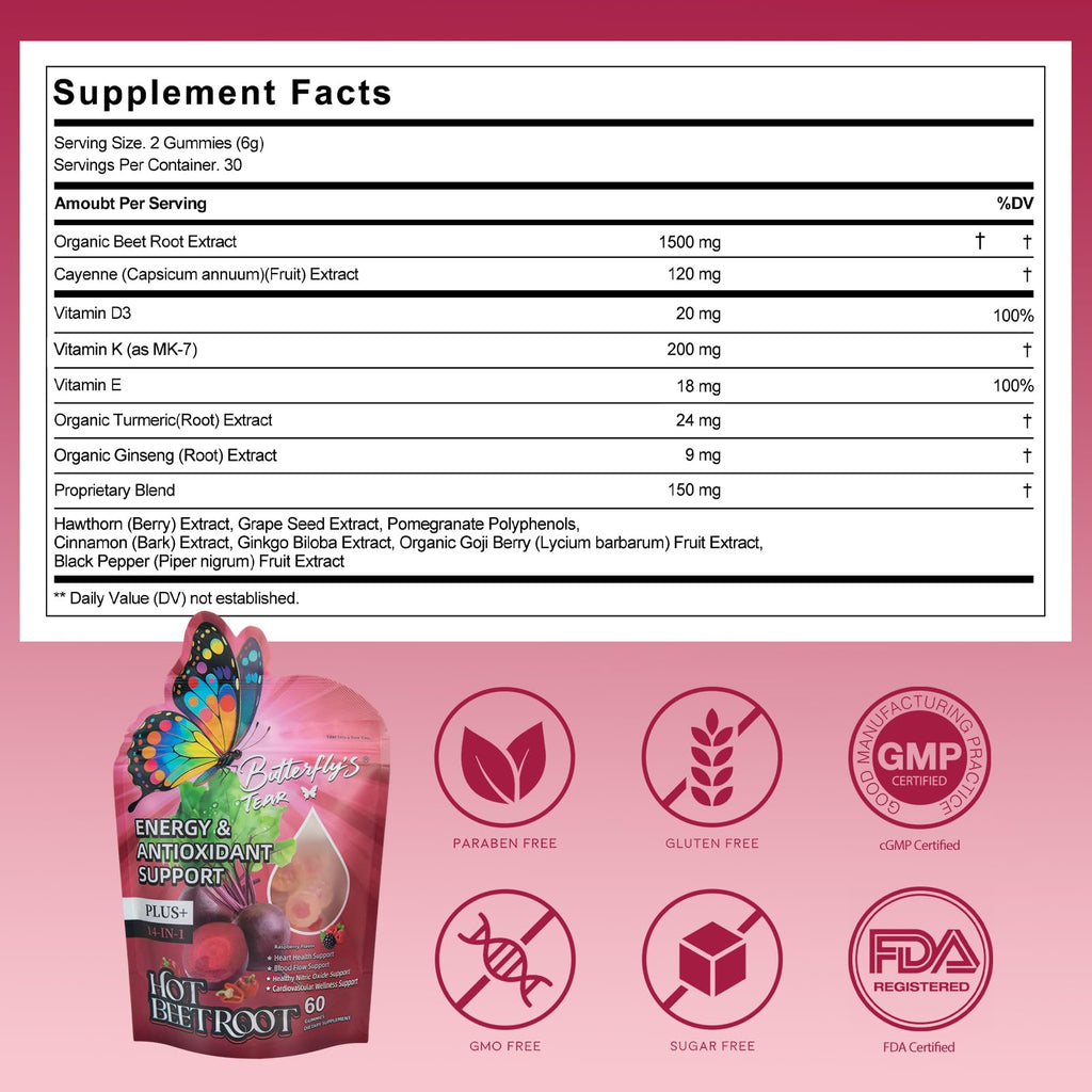Beet Root Gummies with Vitamin D3, K2, E, Grape Seed & Hawthorn, Sugar Free, 60 Count (Pack of 3) T153