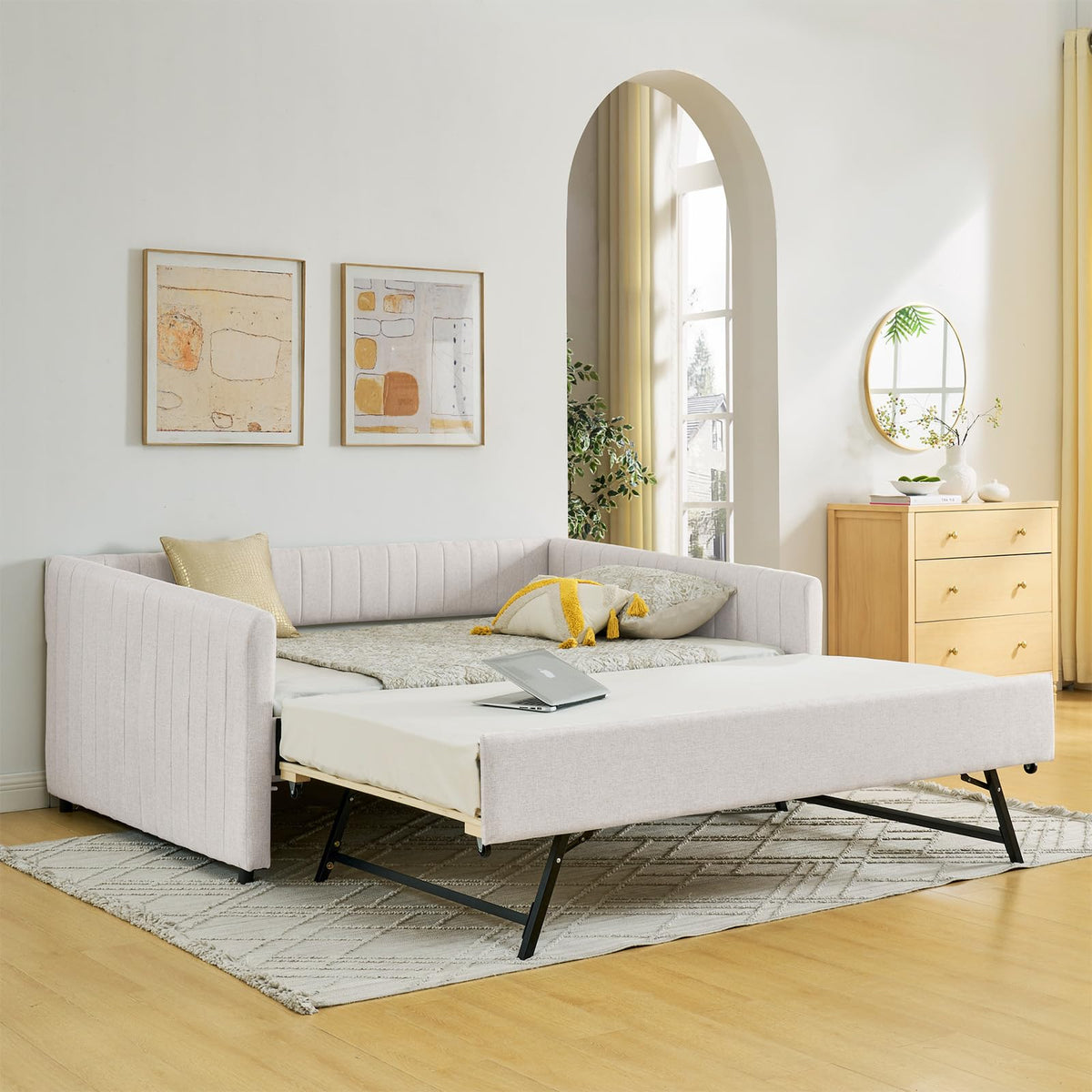 Linen Fabric Upholstered Full Size Daybed with Twin Trundle W192809