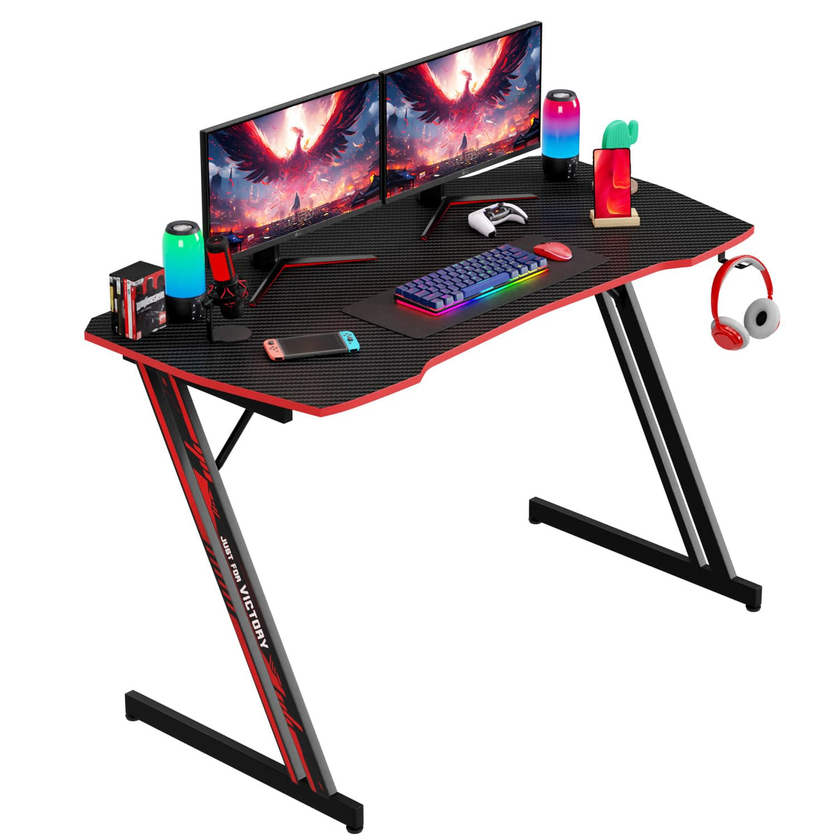 47.2 Inch Z Shaped Carbon Fiber Gaming Desk with Headphone Hook J146875