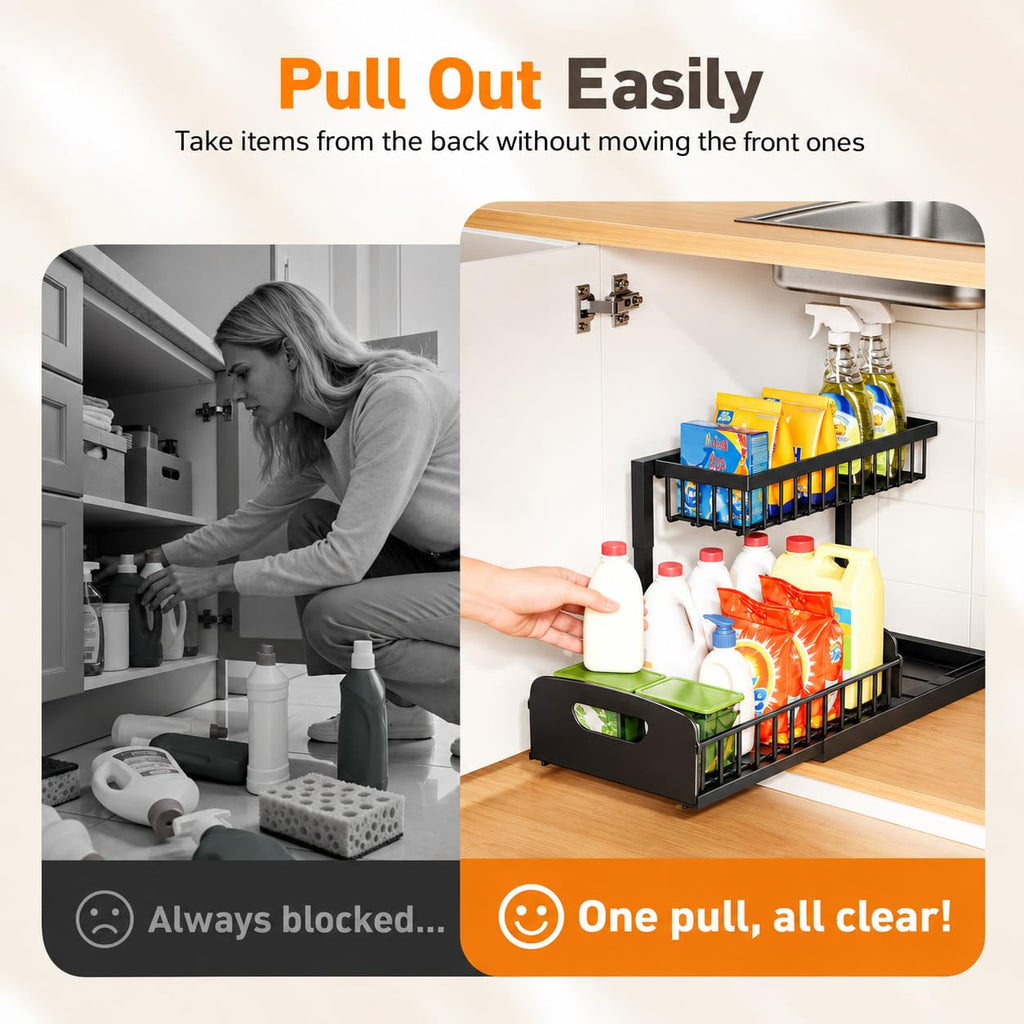 Under Kitchen Sink Organizer, 2-Tier Metal Pull Out Cabinet Organizer Shelf, Black, 2 pack J100408