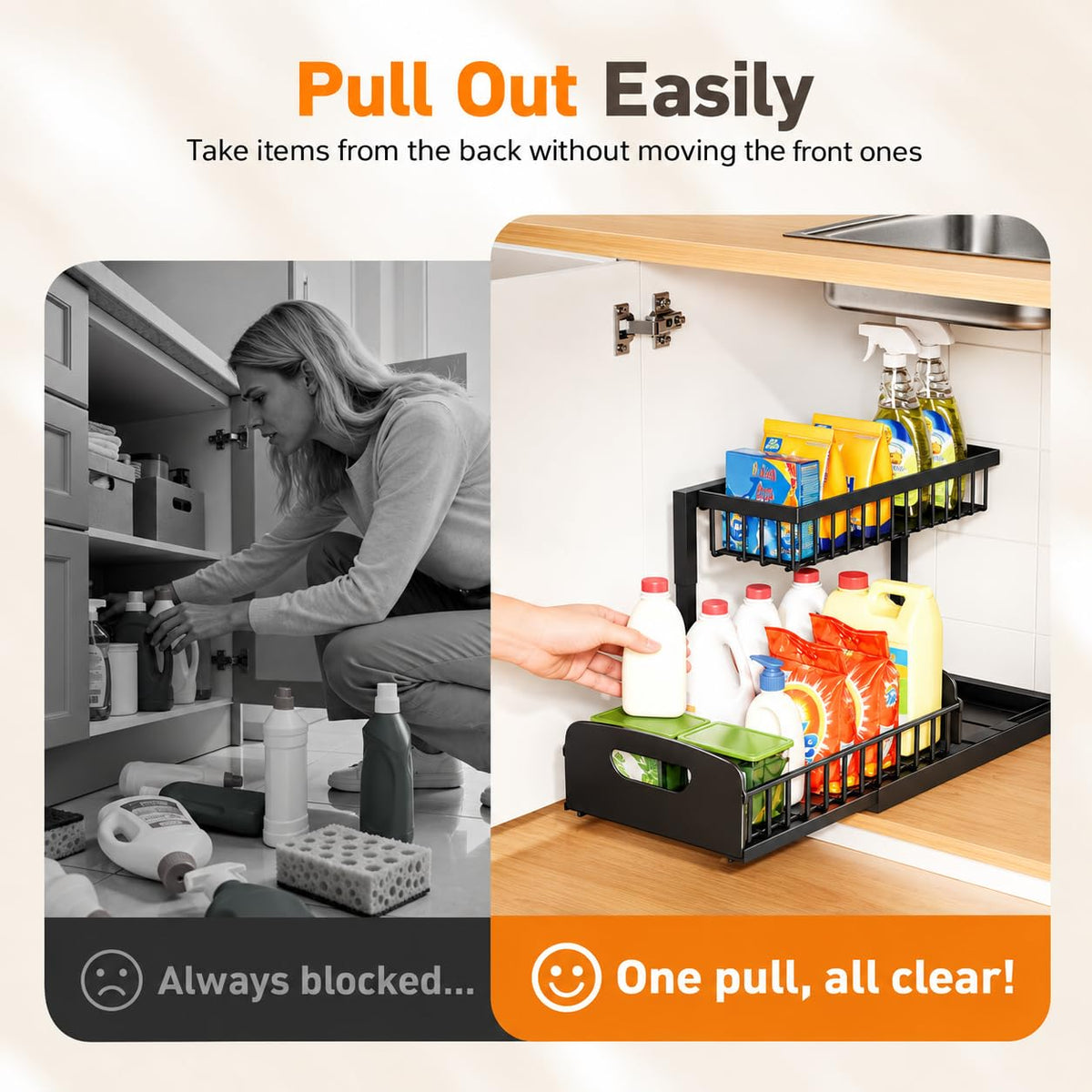 Under Kitchen Sink Organizer, 2-Tier Metal Pull Out Cabinet Organizer Shelf, Black, 2 pack J100408