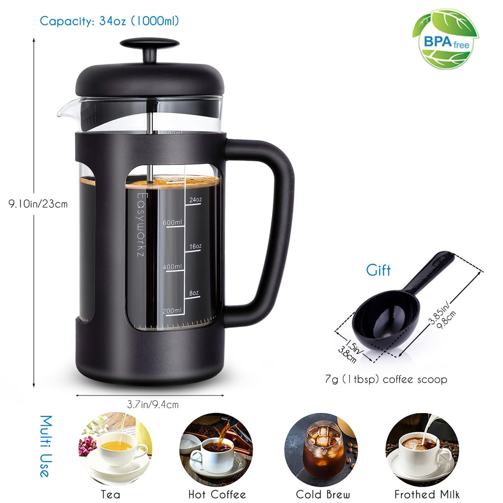 French Press 34 oz Stainless Steel Espresso Cups 5 oz Set of 2 Y7686