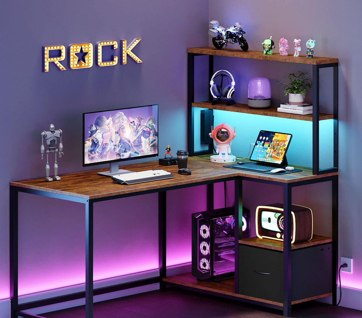 46 Inch Reversible Computer Desk with LED Light & Power Outlet X36469