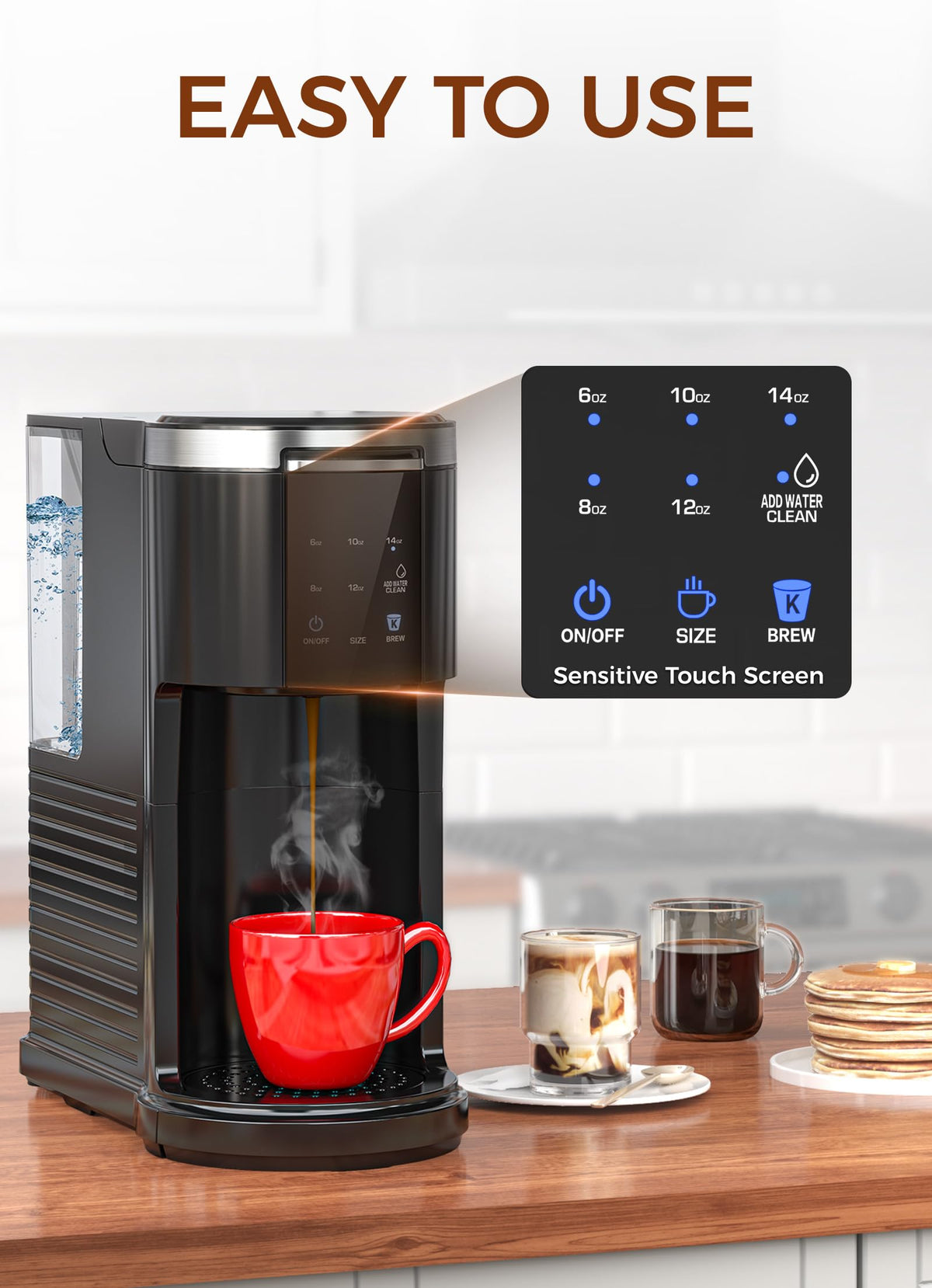 Single Serve Coffee Maker with 40 Oz Water Tank, 5 Brew Sizes, Black K526