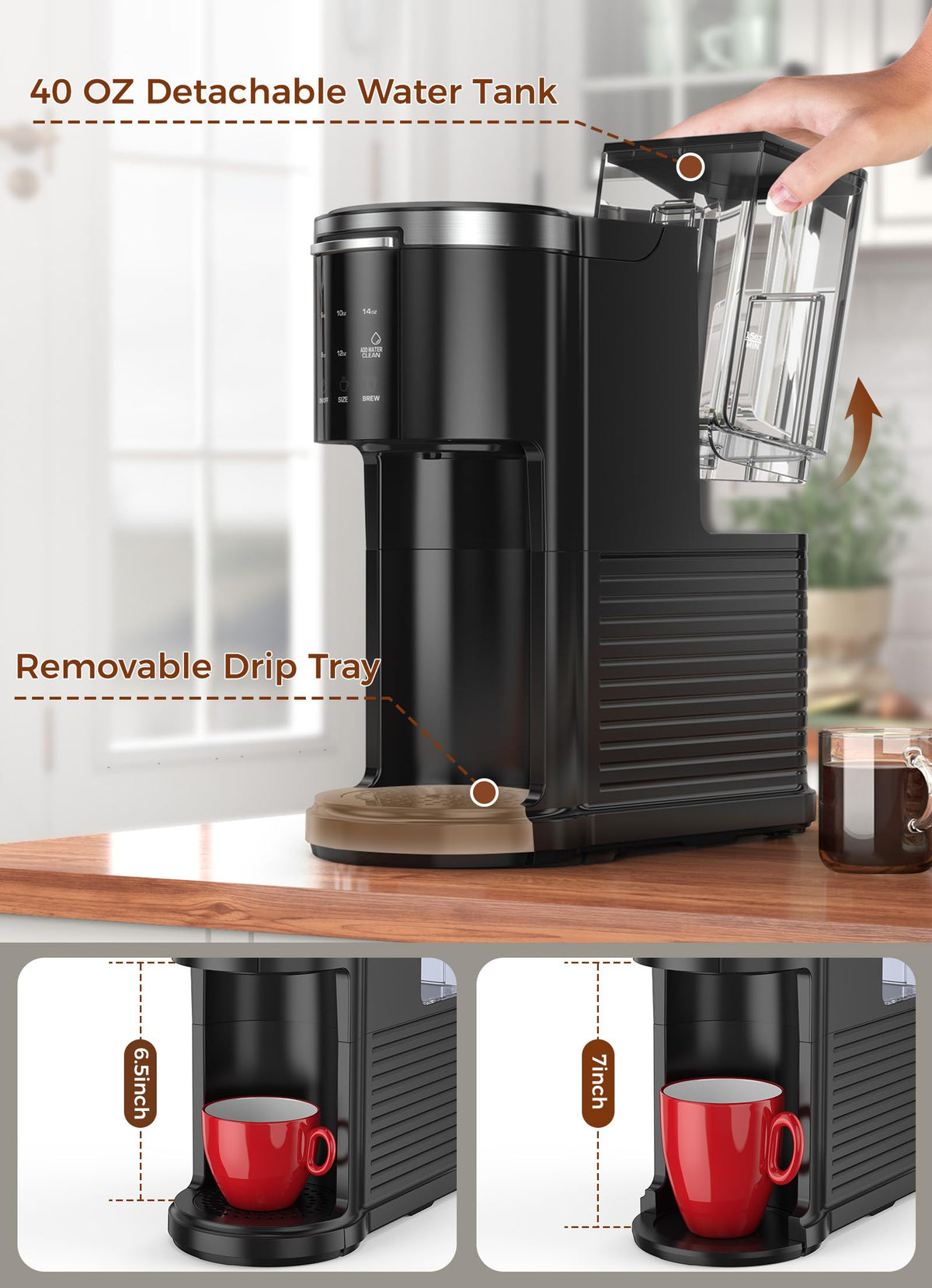 Single Serve Coffee Maker with 40 Oz Water Tank, 5 Brew Sizes, Black K526