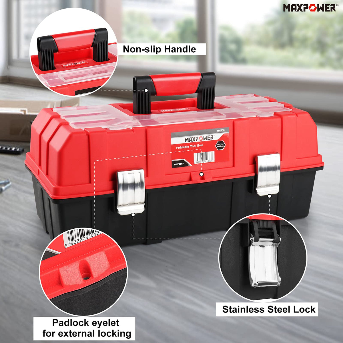 16-Inch Three-Layer Folding Plastic Tool Box with Tray and Dividers W46258