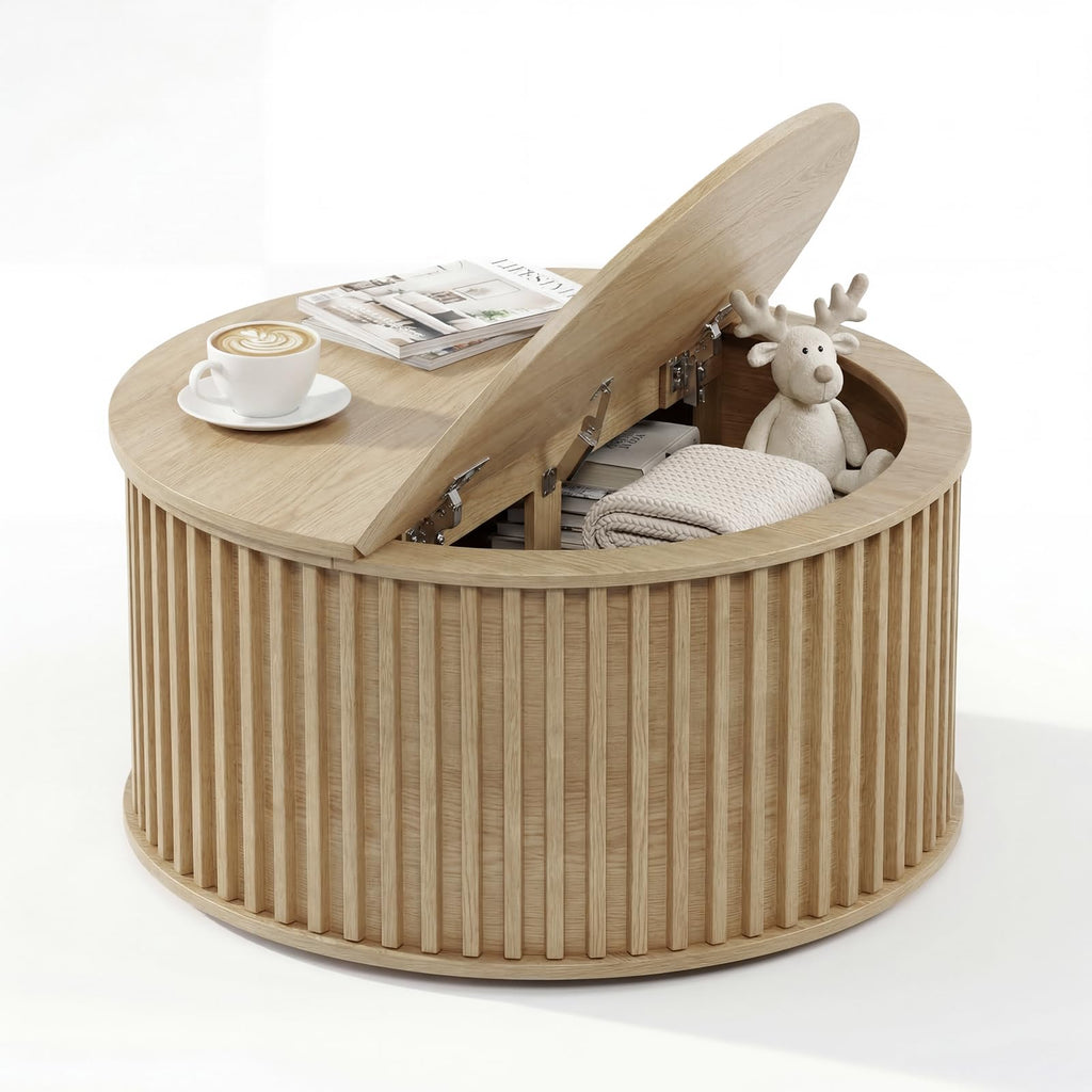 Round Coffee Table with Storage, 35.43" Fluted Center Table X814