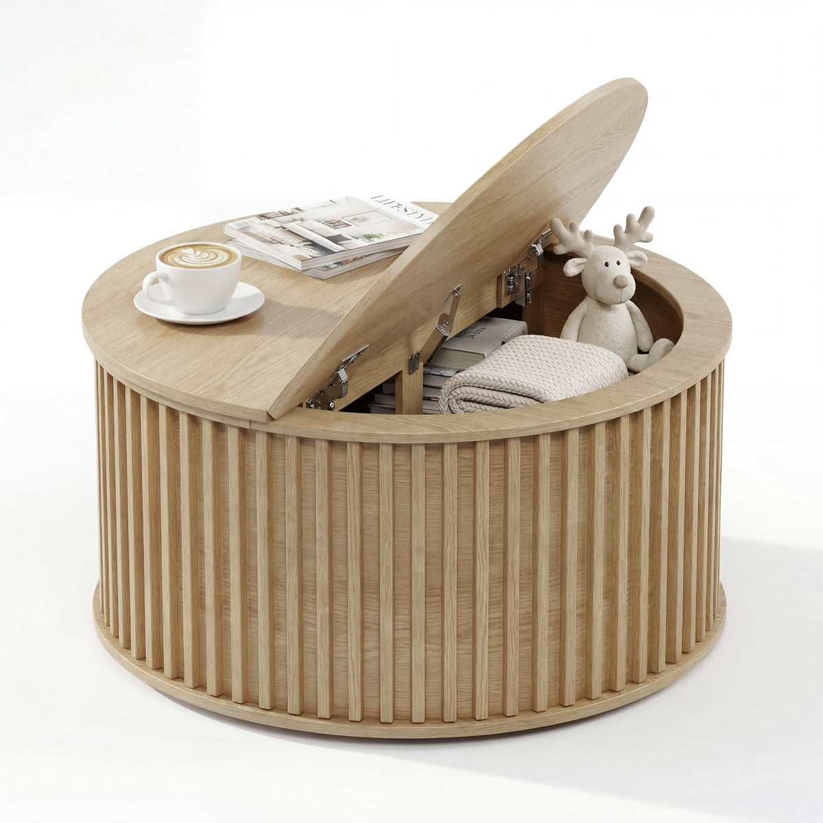 Round Coffee Table with Storage, 35.43" Fluted Center Table X814