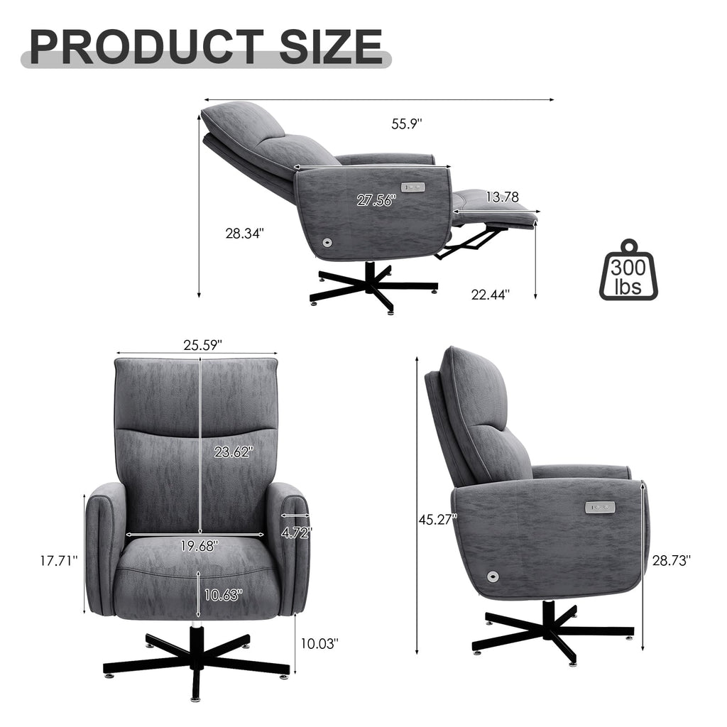 Grey Velvet Swivel Rocker Recliner Chair with USB & Type-C Charging L8987