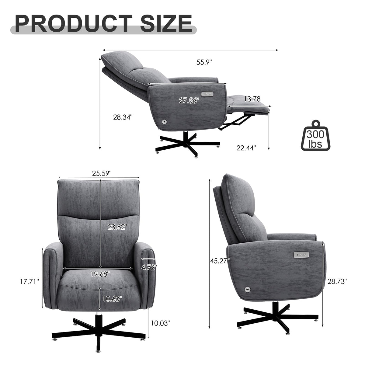 Grey Velvet Swivel Rocker Recliner Chair with USB & Type-C Charging L8987