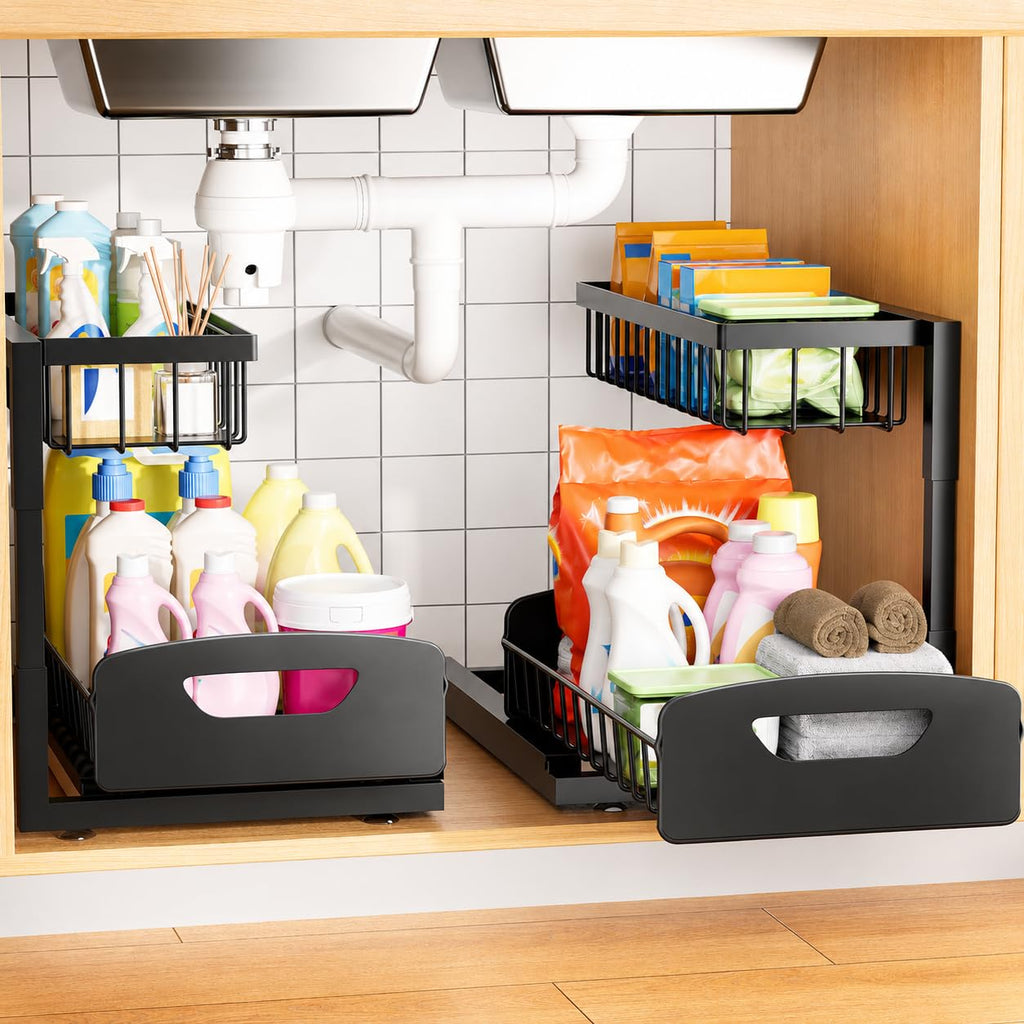 Under Kitchen Sink Organizer, 2-Tier Metal Pull Out Cabinet Organizer Shelf, Black, 2 pack J100408