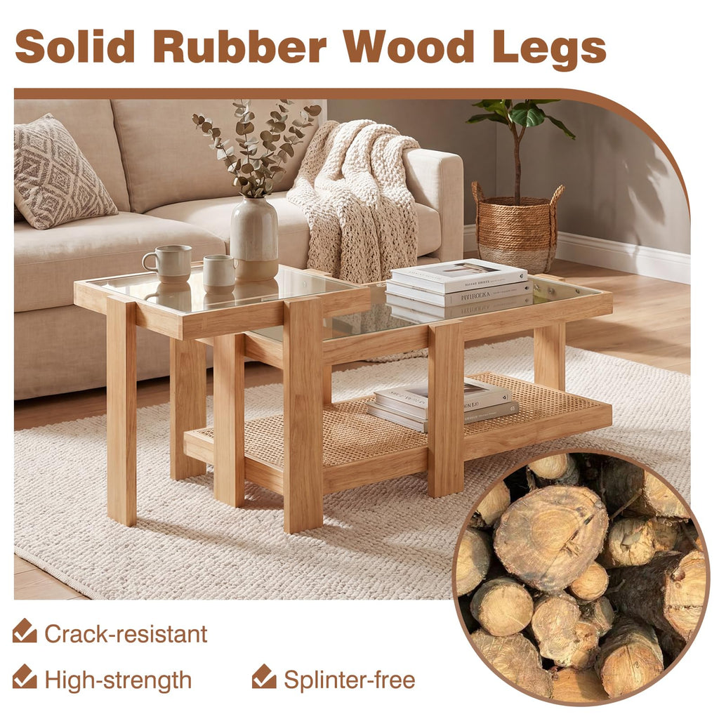 Nesting Coffee Table Set of 2 Rattan Tempered Glass R922