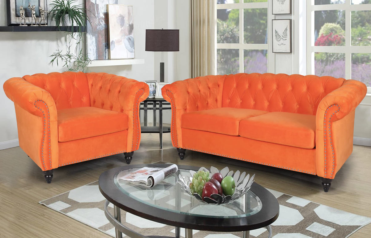 Orange Velvet 3 Pieces Sofa Set P409