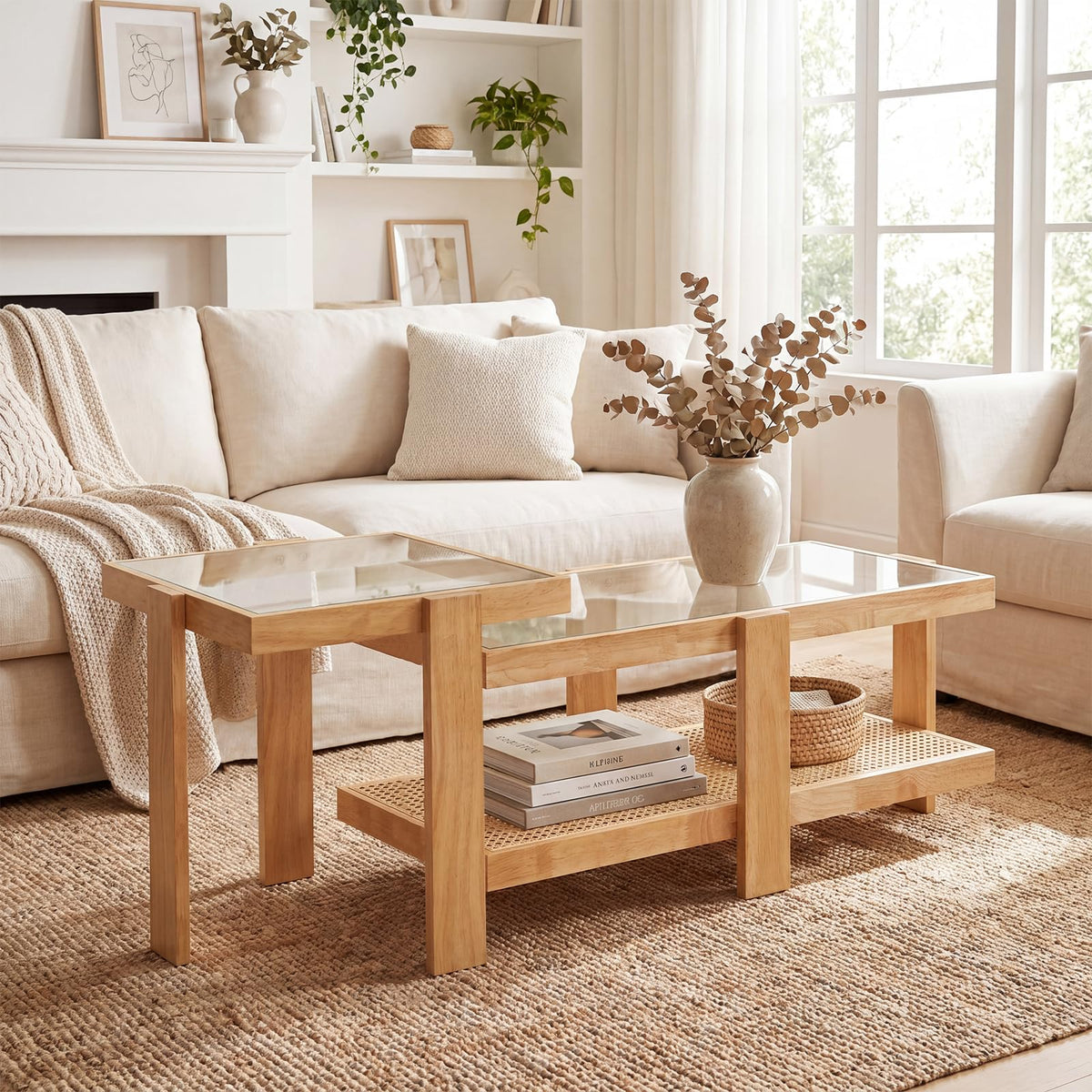 Nesting Coffee Table Set of 2 Rattan Tempered Glass R922