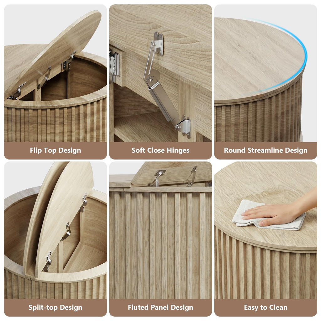 Round Coffee Table with Storage, 35.43" Fluted Center Table X814