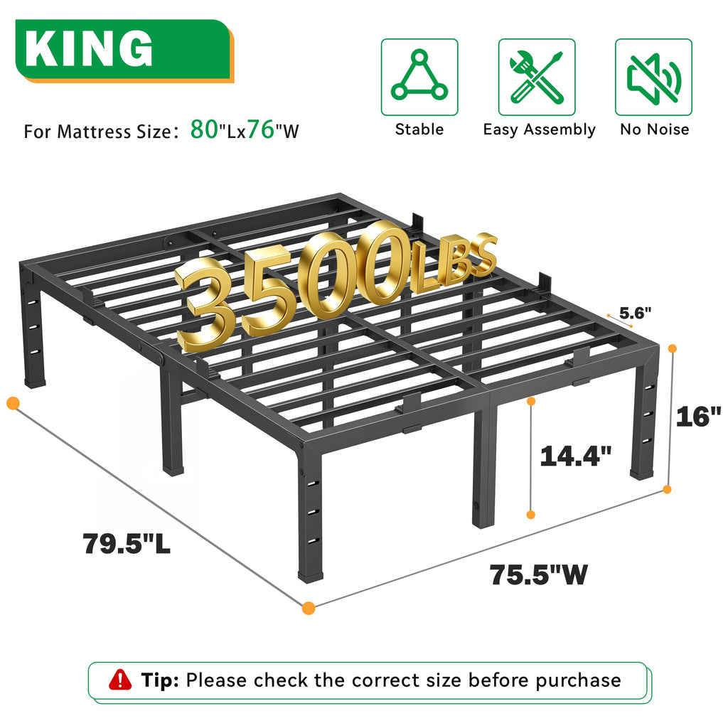 16 Inch King Size Black Metal Platform Bed Frame D1363