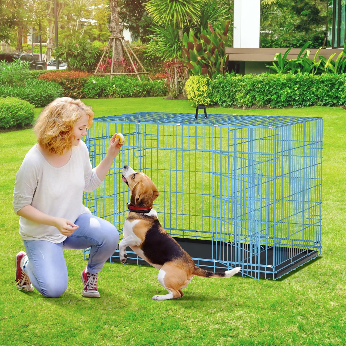 48 Inch Extra Large Double Door Folding Metal Dog Crate with Divider Panel M62083