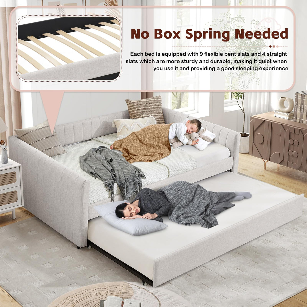 Linen Fabric Upholstered Full Size Daybed with Twin Trundle W192809