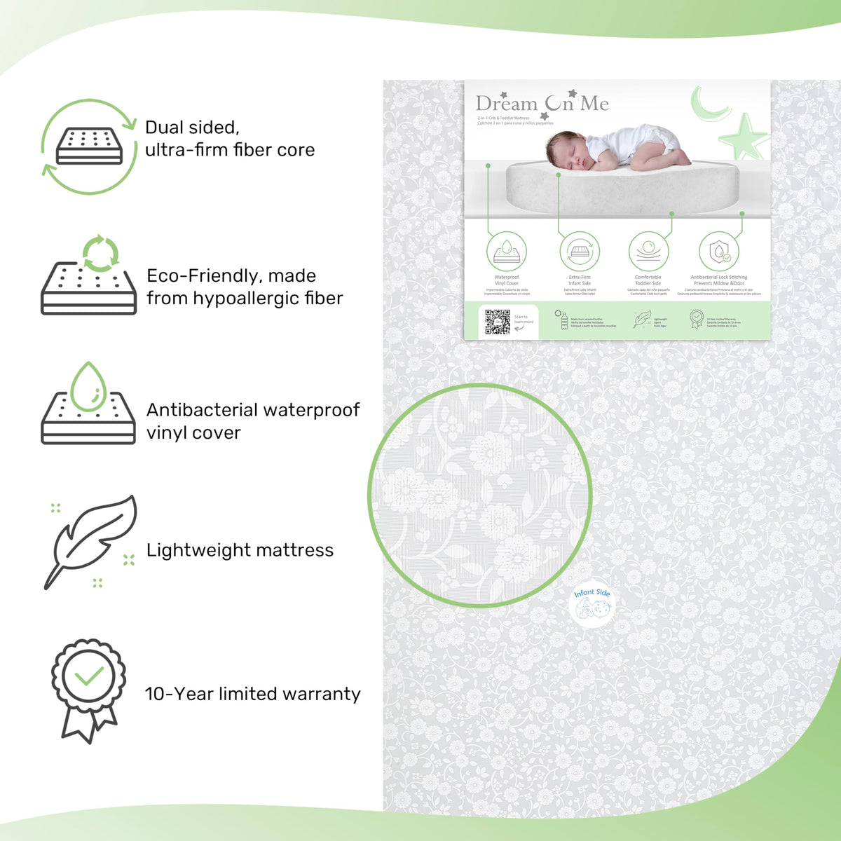 Grey Dual-Sided Crib and Toddler Bed Mattress E1163