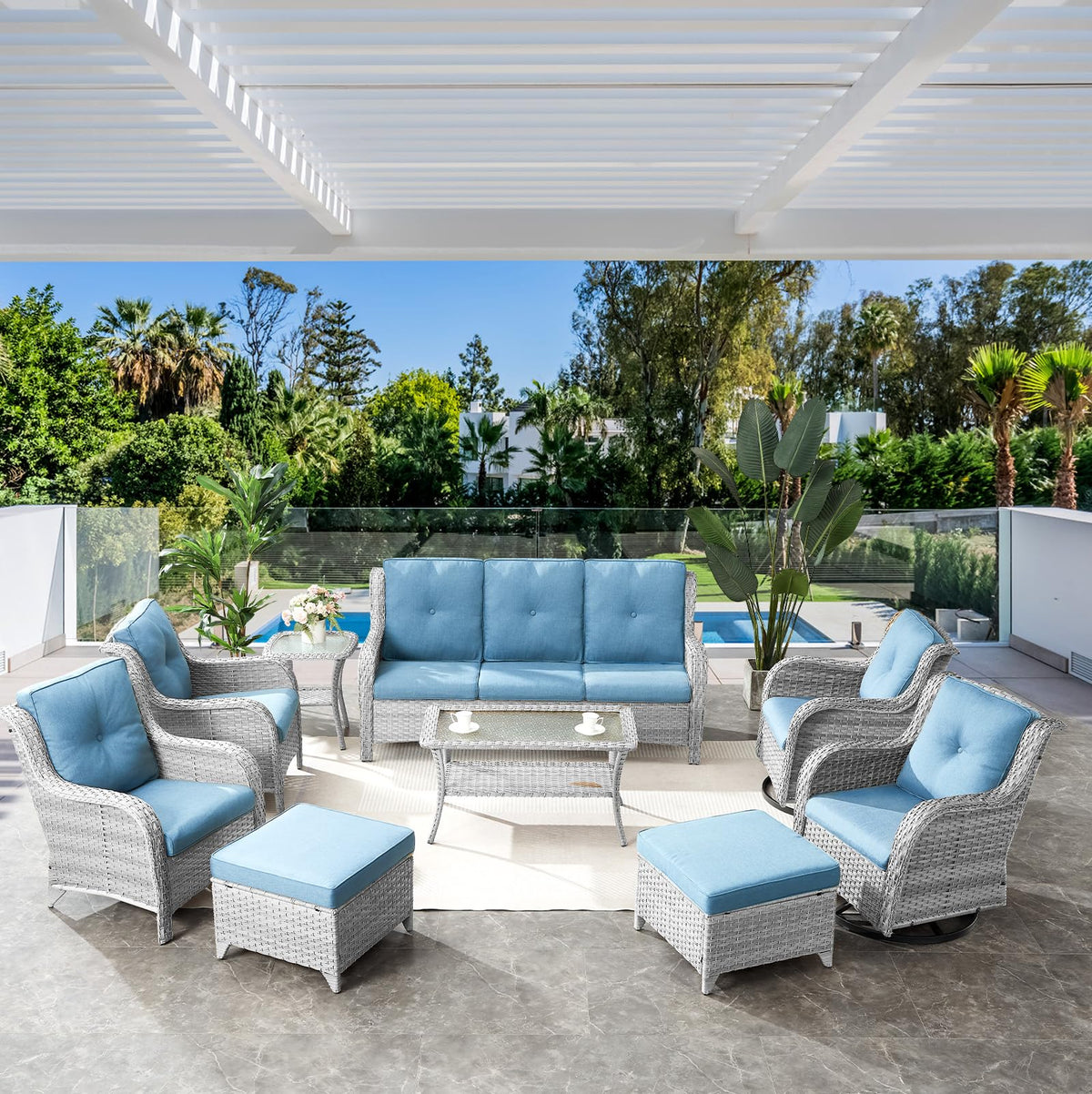 Light Gray Baby Blue Wicker 3-Seat Outdoor Sofa V977219