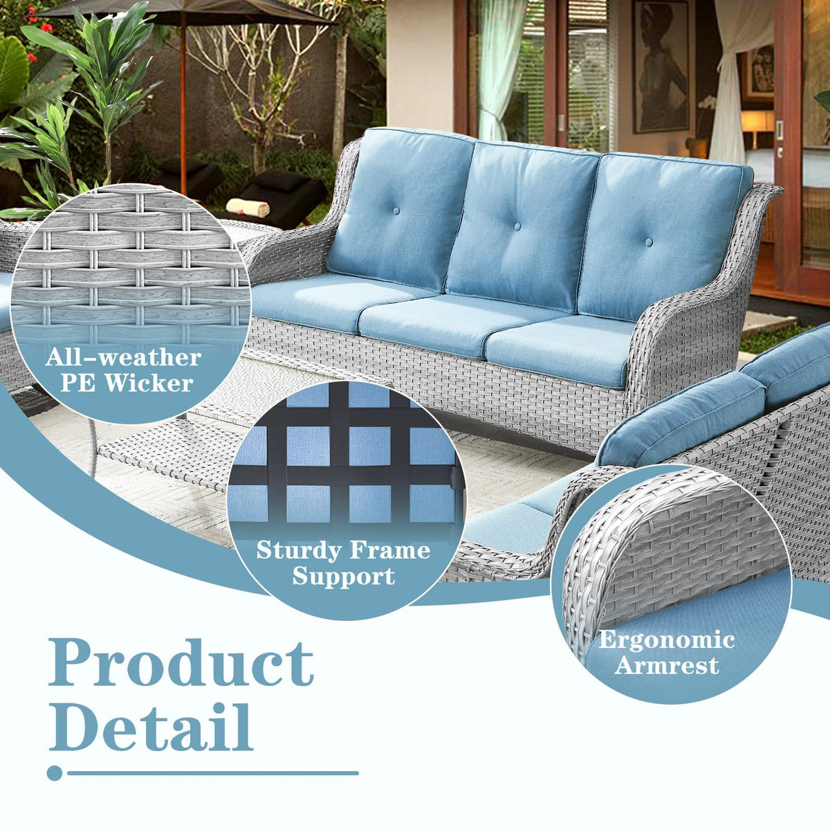 Light Gray Baby Blue Wicker 3-Seat Outdoor Sofa V977219