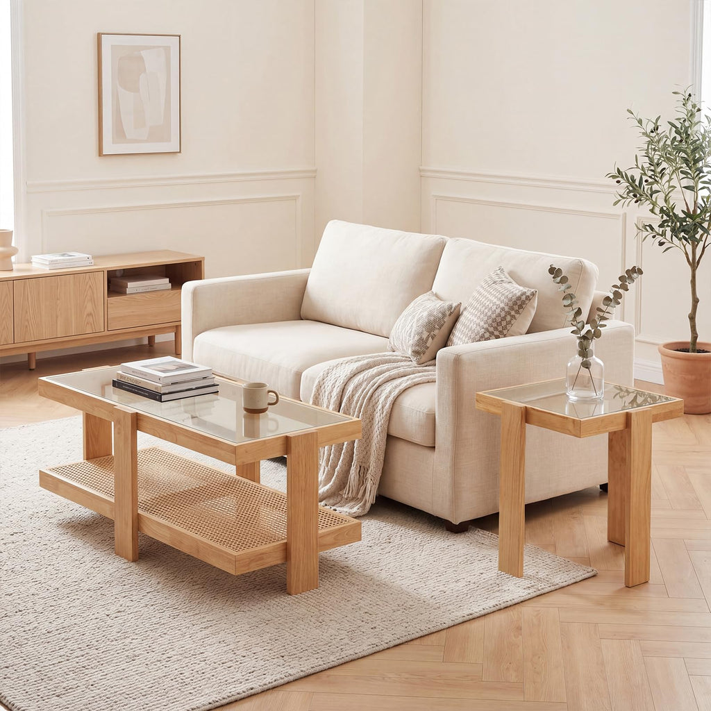 Nesting Coffee Table Set of 2 Rattan Tempered Glass R922