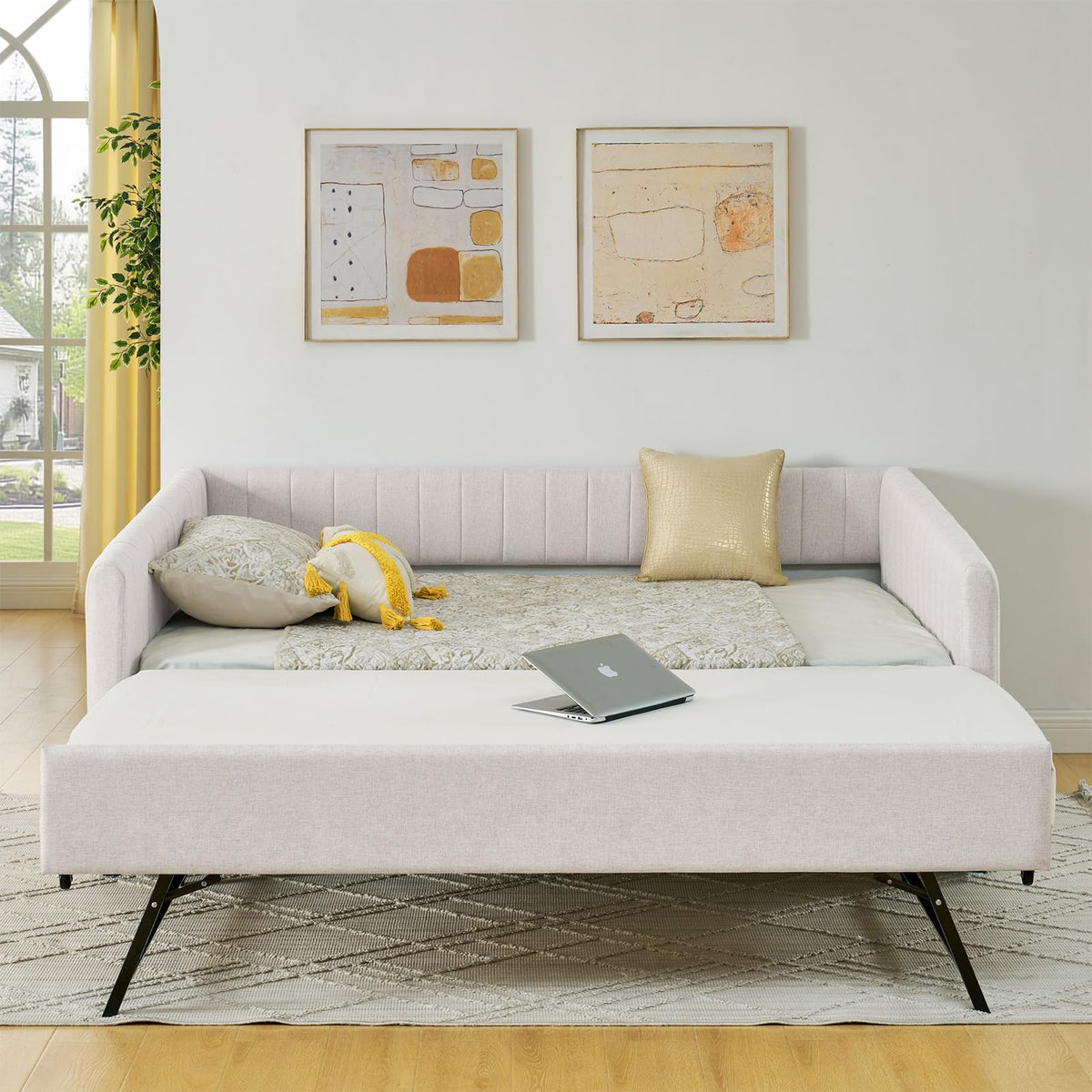 Linen Fabric Upholstered Full Size Daybed with Twin Trundle W192809
