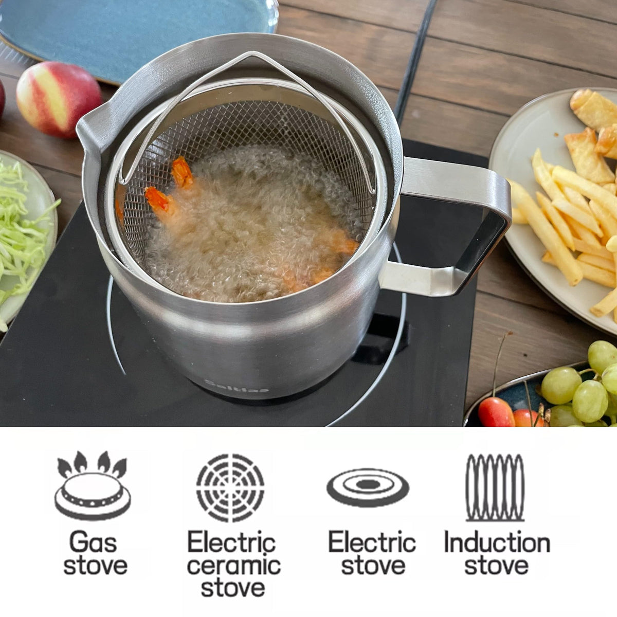 304 Stainless Steel Deep Fryer Pot with Basket and Oil Strainer, 2L F96817