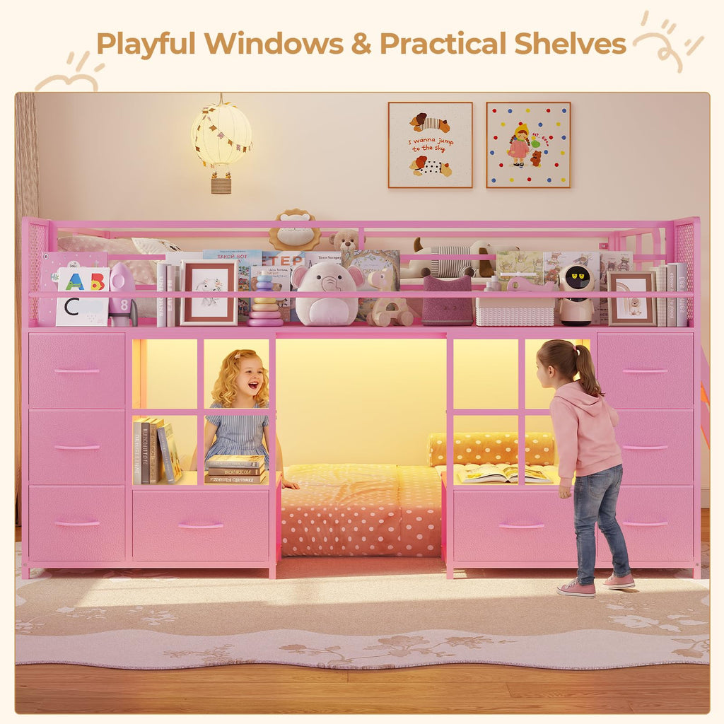 Twin Over Twin Bunk Bed with 8 Drawers & Bookshelf C957559