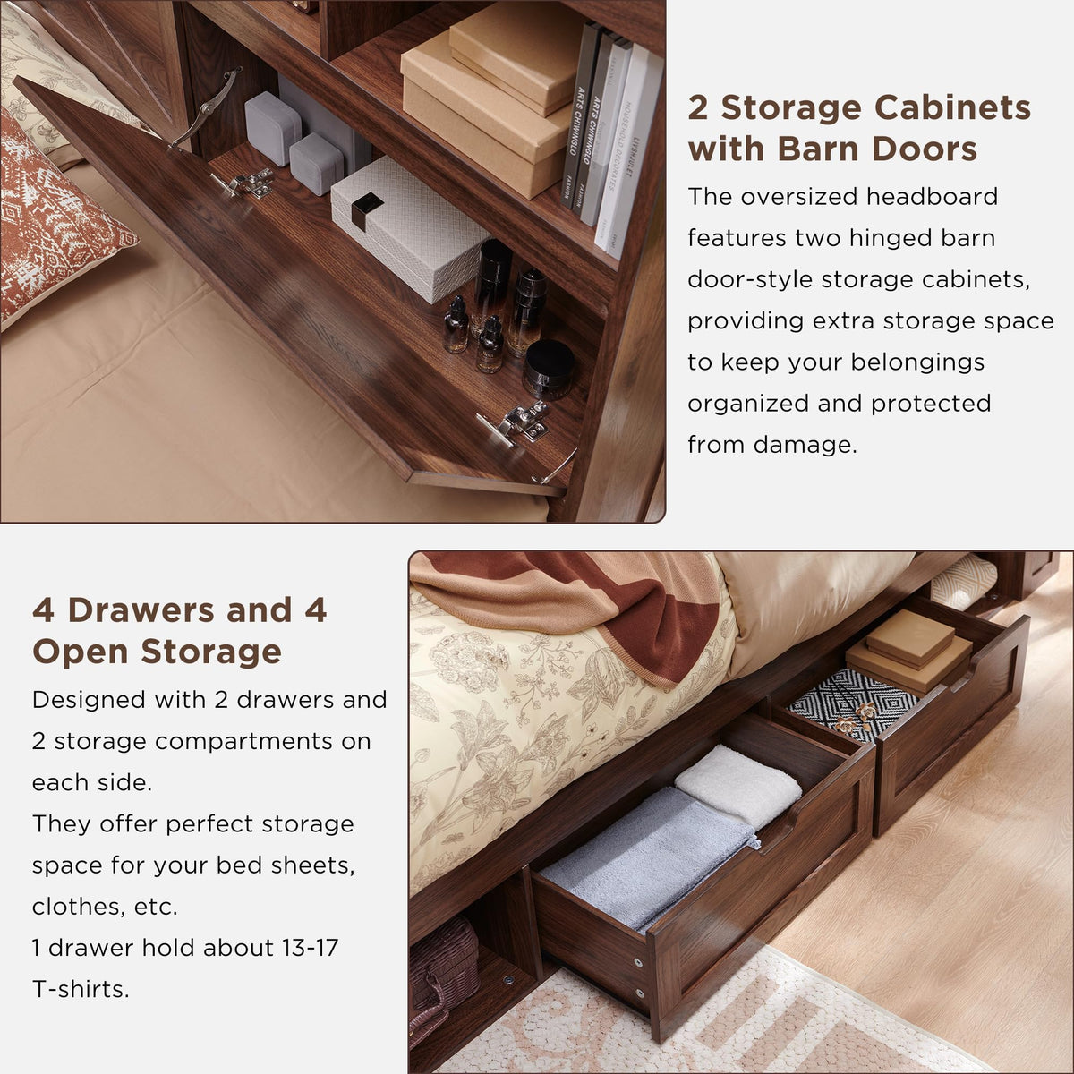 Queen Size Wood Bed Frame with Storage Headboard and 4 Drawers H628