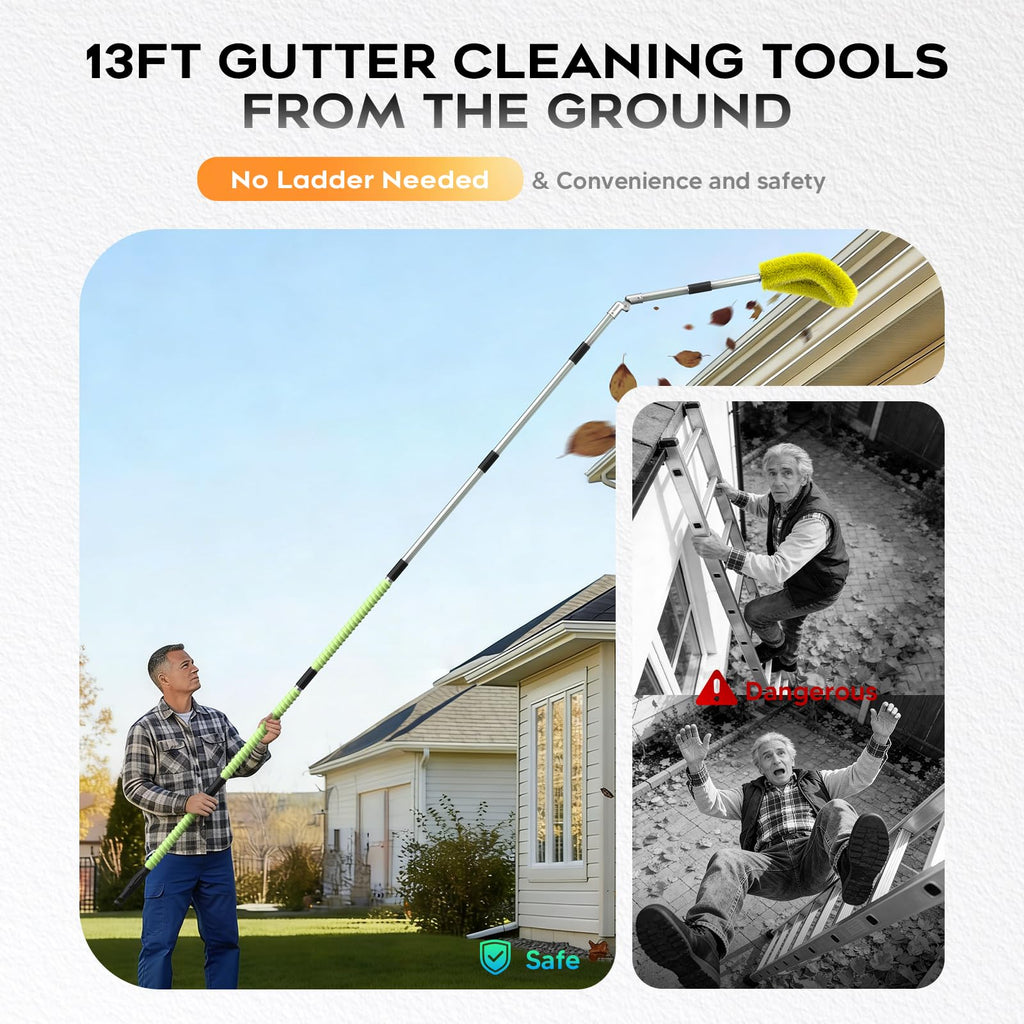 13ft Gutter Cleaning Tools with Replaceable Brush Rake Scoop, 180° Adjustable Angle, Yellow V678