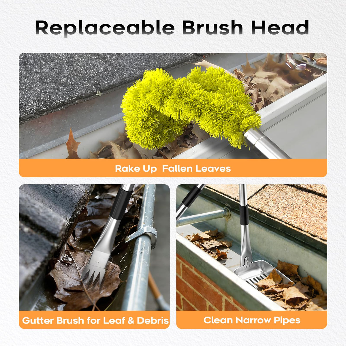 13ft Gutter Cleaning Tools with Replaceable Brush Rake Scoop, 180° Adjustable Angle, Yellow V678