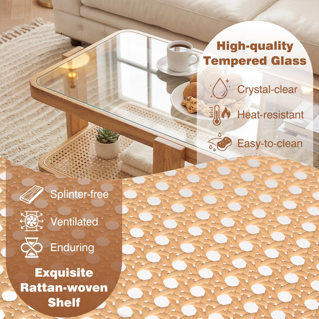 Nesting Coffee Table Set of 2 Rattan Tempered Glass R922