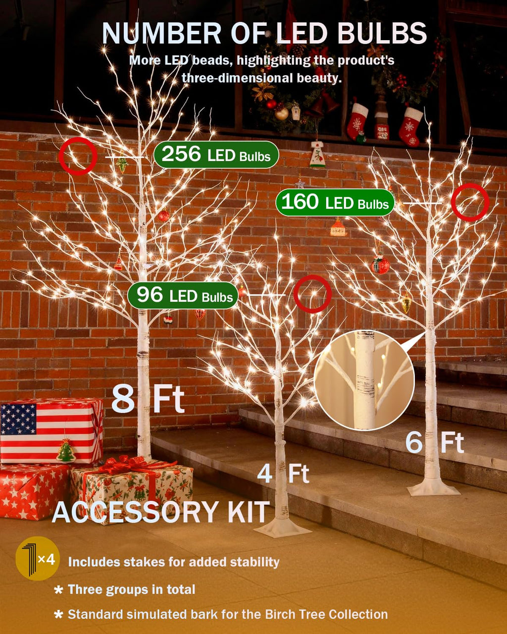 Lighted Birch Tree Set 4ft 6ft 8ft 512 Warm White LEDs Y1073