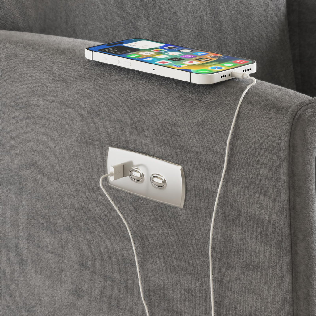 Grey Velvet Swivel Rocker Recliner Chair with USB & Type-C Charging L8987