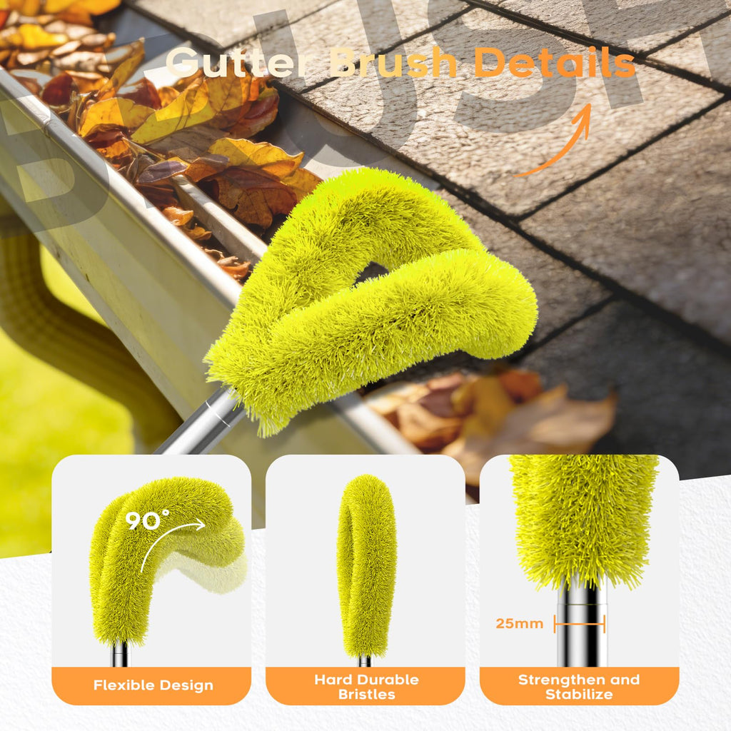 13ft Gutter Cleaning Tools with Replaceable Brush Rake Scoop, 180° Adjustable Angle, Yellow V678