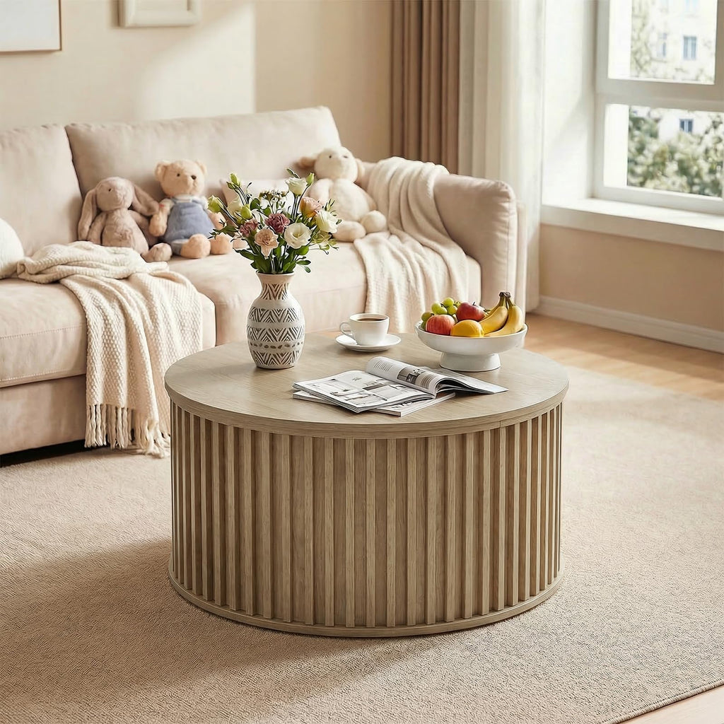 Round Coffee Table with Storage, 35.43" Fluted Center Table X814