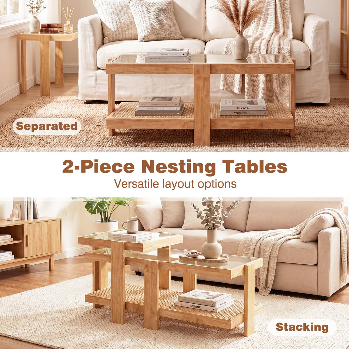 Nesting Coffee Table Set of 2 Rattan Tempered Glass R922