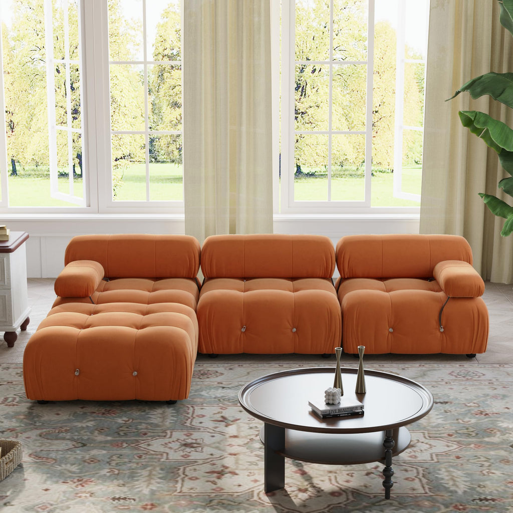 Orange Velvet L Shaped Sectional Sofa with Ottoman H30011