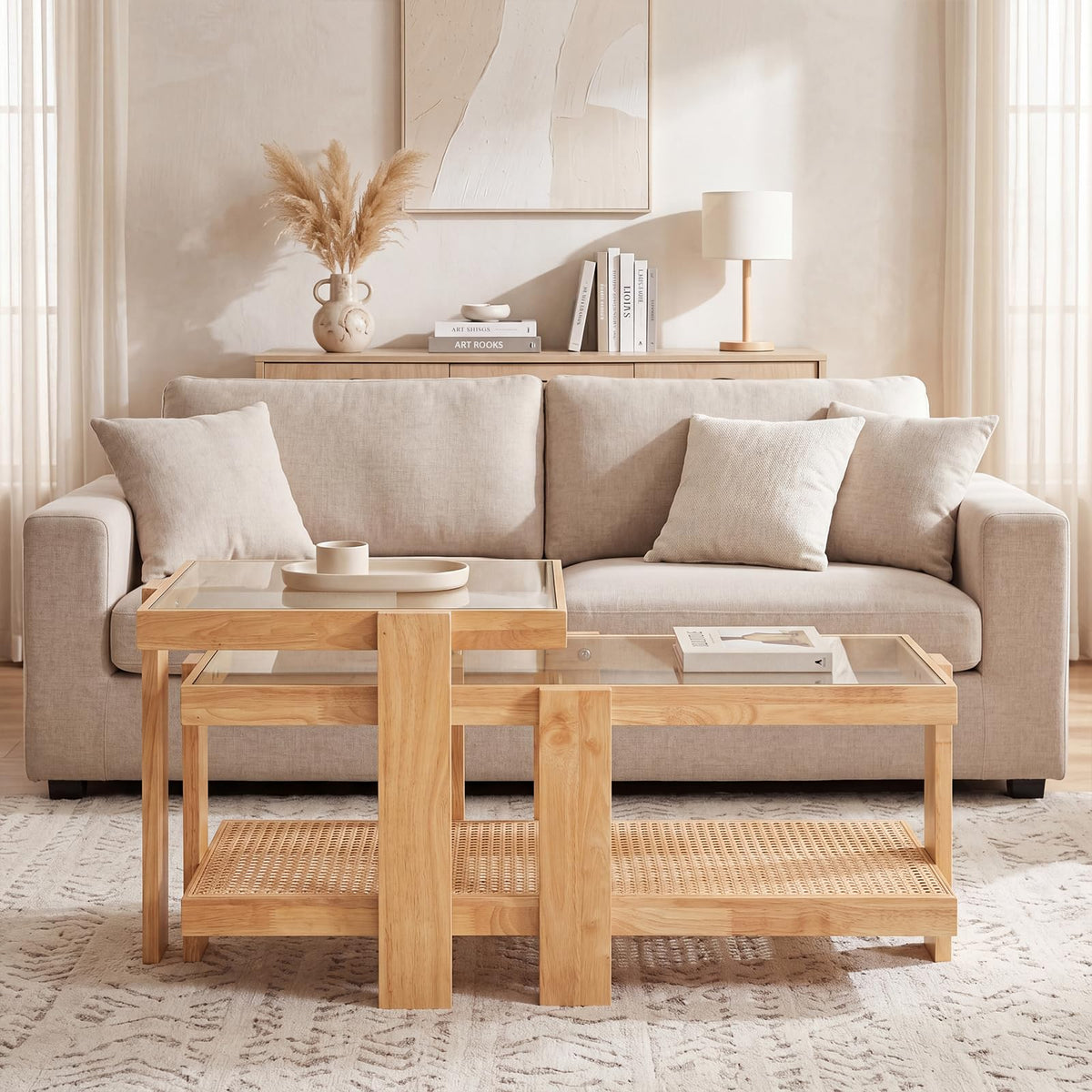 Nesting Coffee Table Set of 2 Rattan Tempered Glass R922