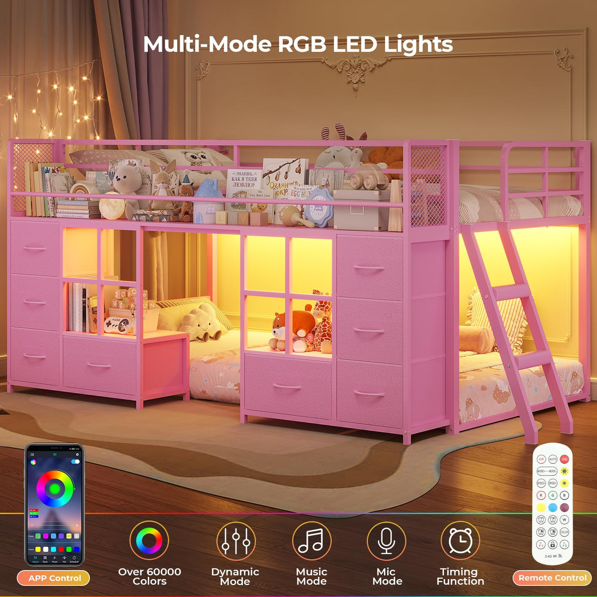 Twin Over Twin Bunk Bed with 8 Drawers & Bookshelf C957559