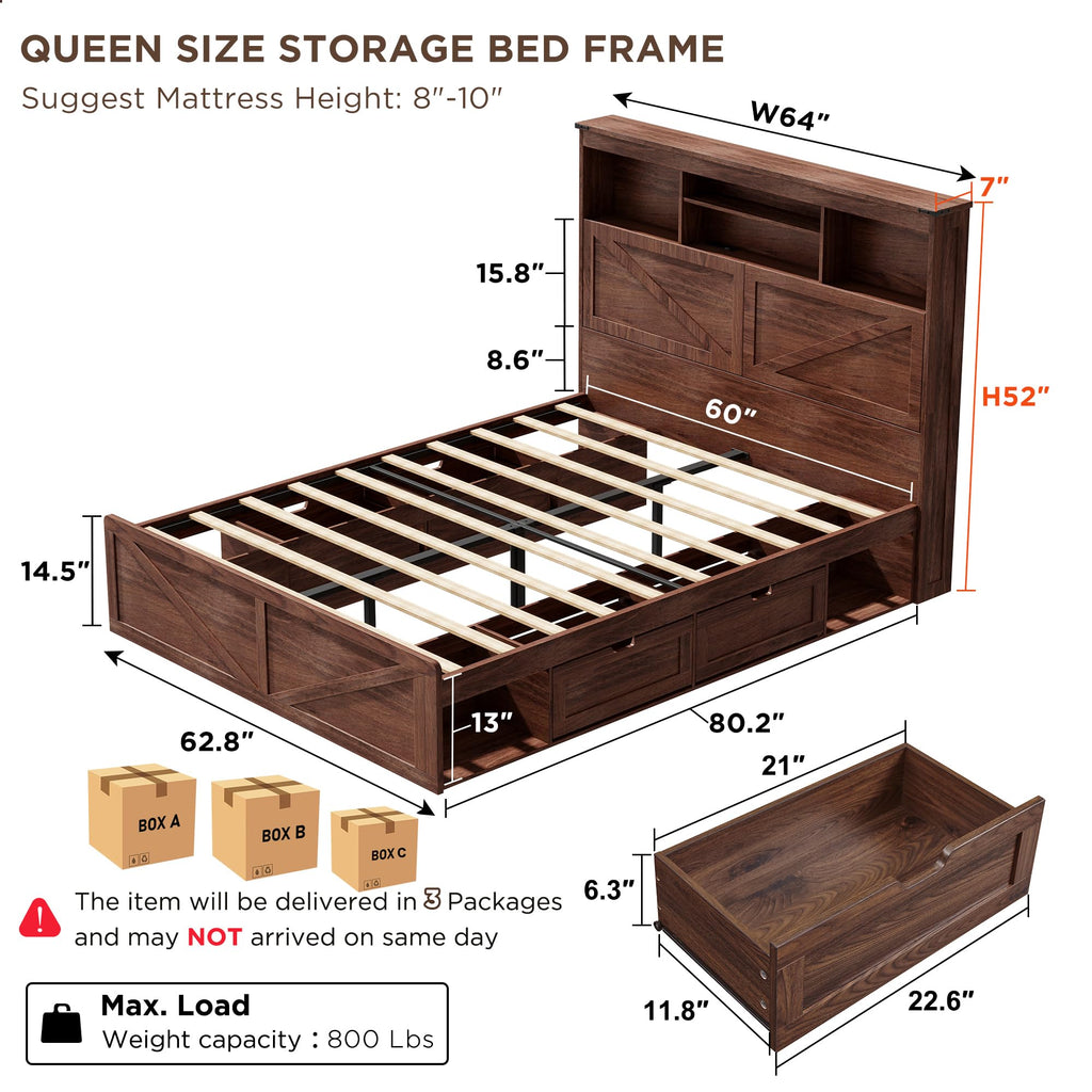 Queen Size Wood Bed Frame with Storage Headboard and 4 Drawers H628
