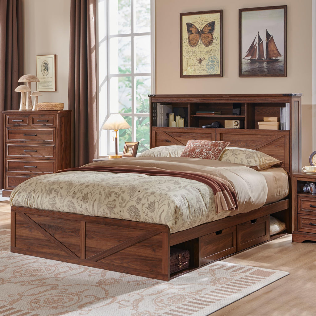 Queen Size Wood Bed Frame with Storage Headboard and 4 Drawers H628
