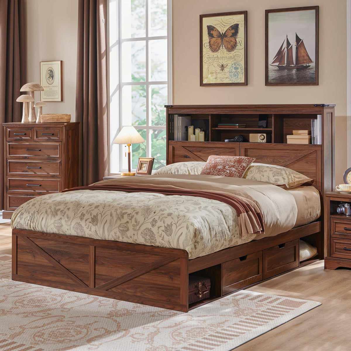Queen Size Wood Bed Frame with Storage Headboard and 4 Drawers H628