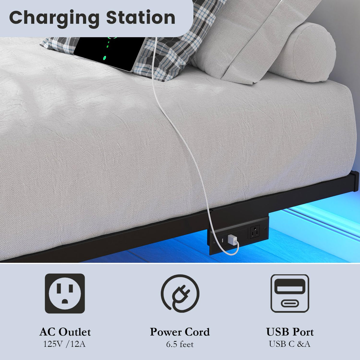 8 inch Floating Bed Frame Full with Charging Station X310